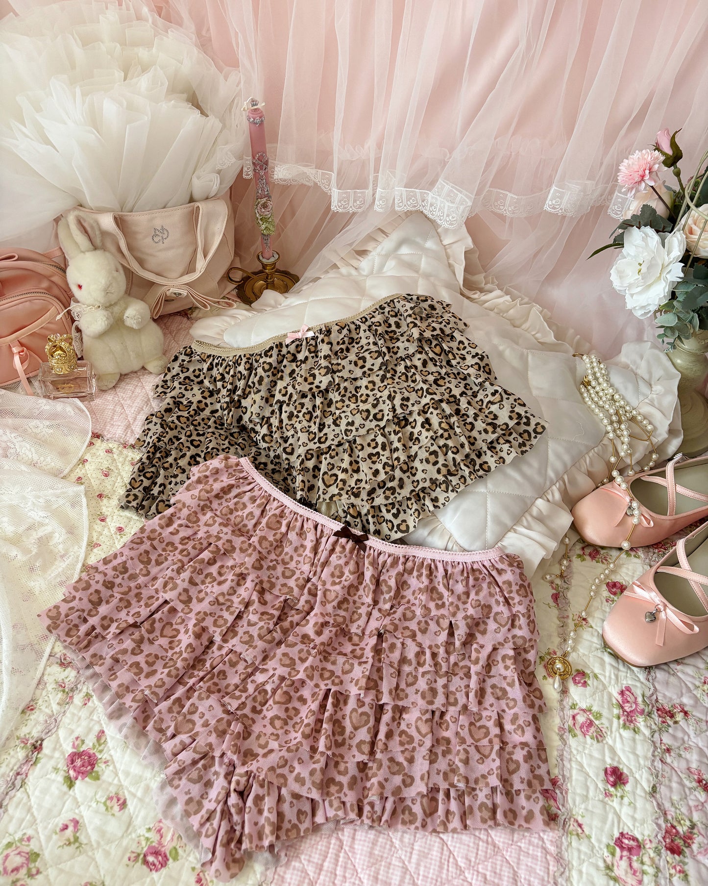 frilly leopard mesh shorts