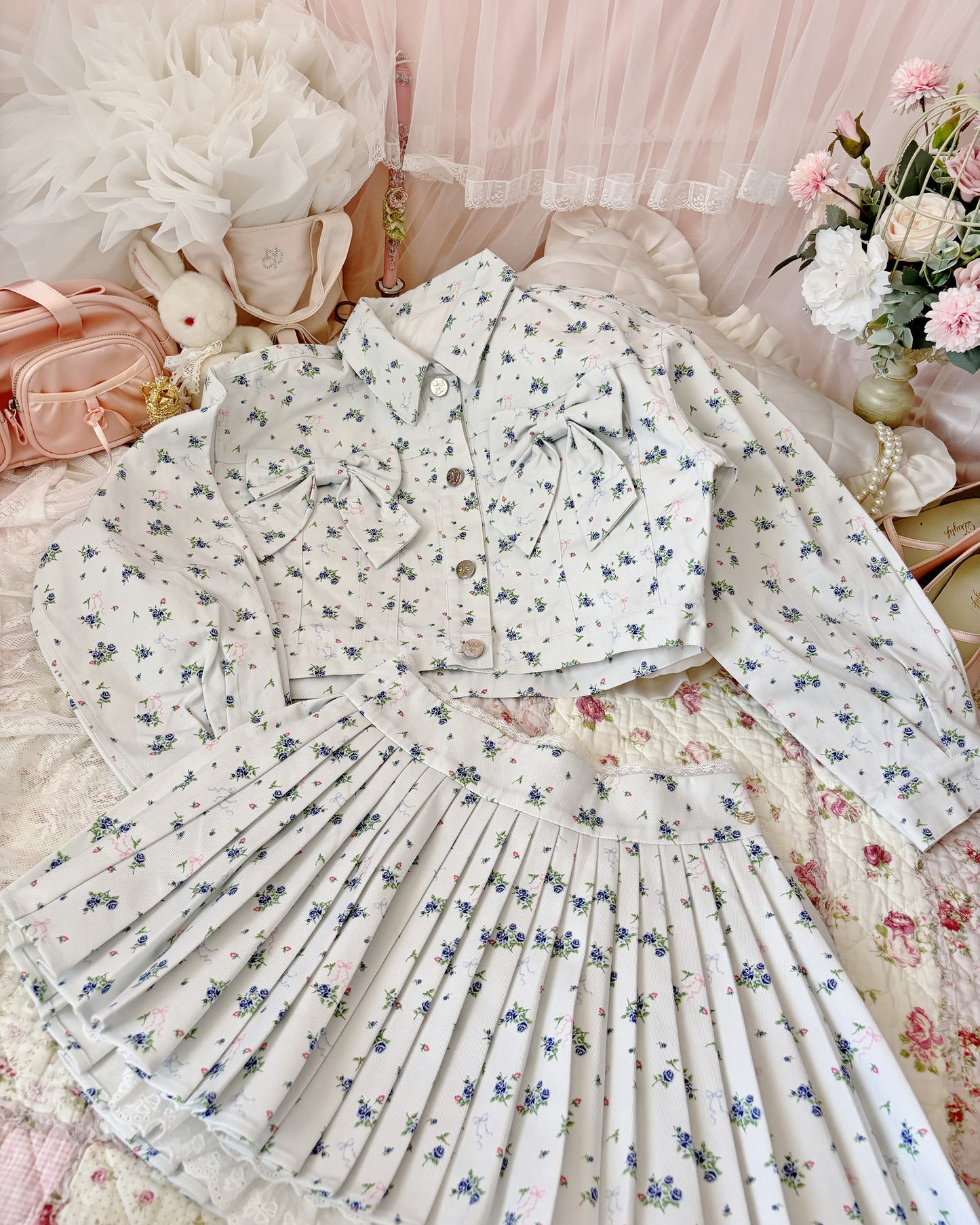 3pc petit floral denim set up