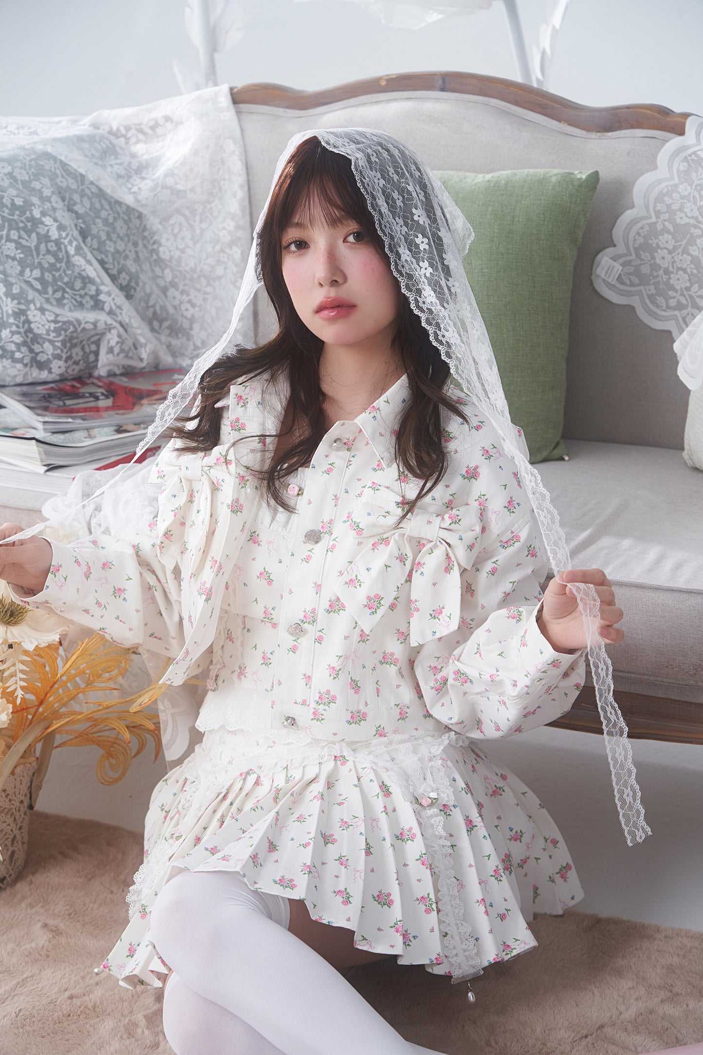 4pc petit floral denim + lace garterbelt set up