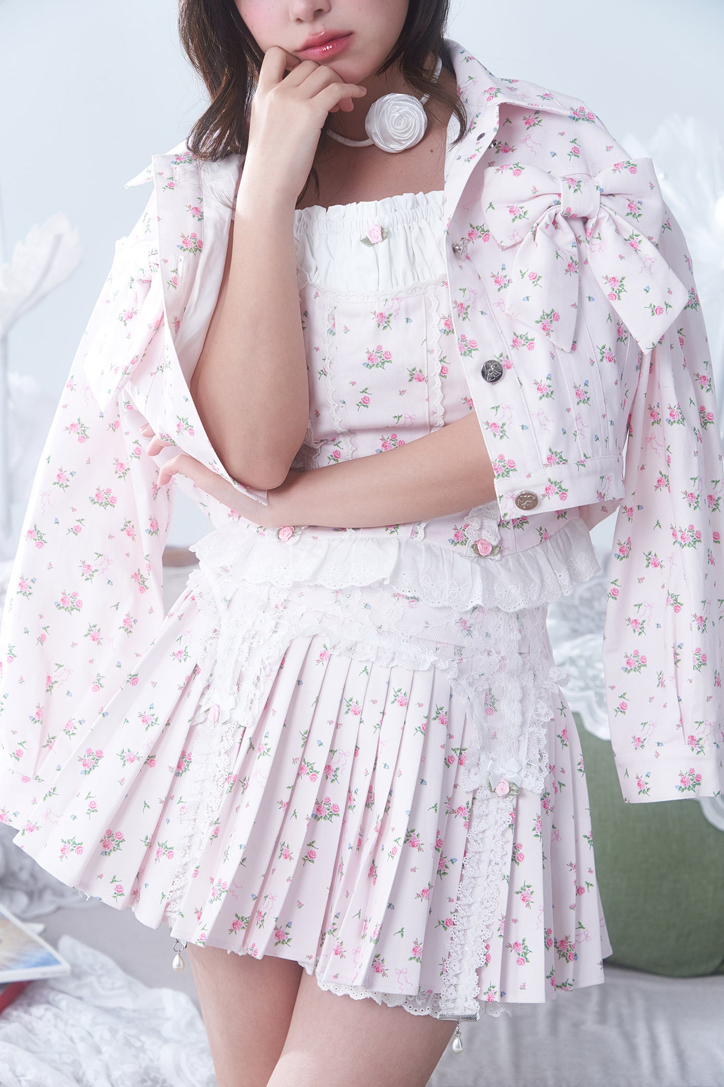 4pc petit floral denim + lace garterbelt set up