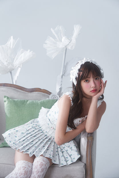 petit floral denim pleated skirt