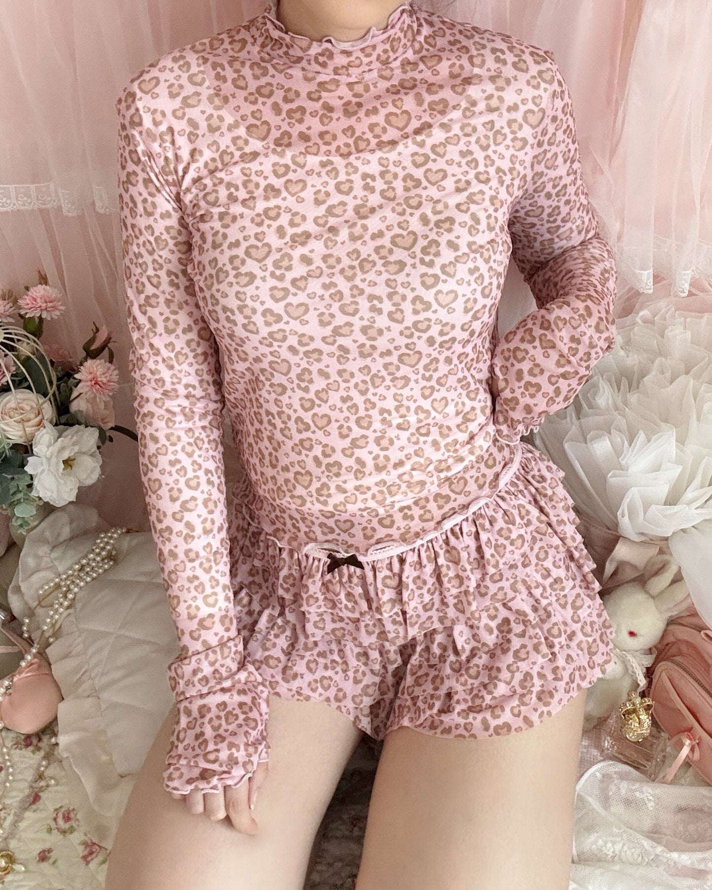frilly leopard mesh shorts